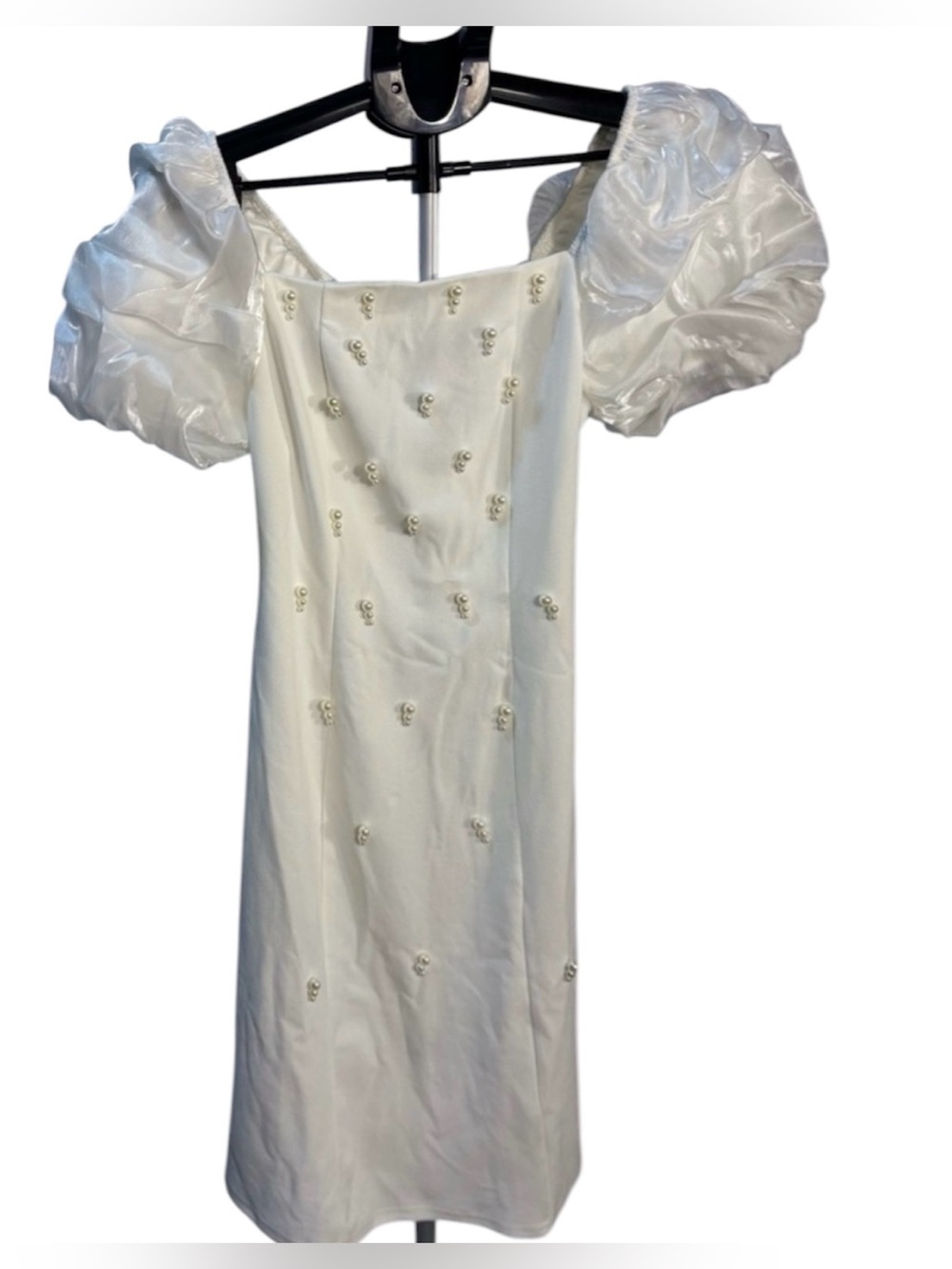 White Dress with Puff Sleeves and Pearl Accents - size M